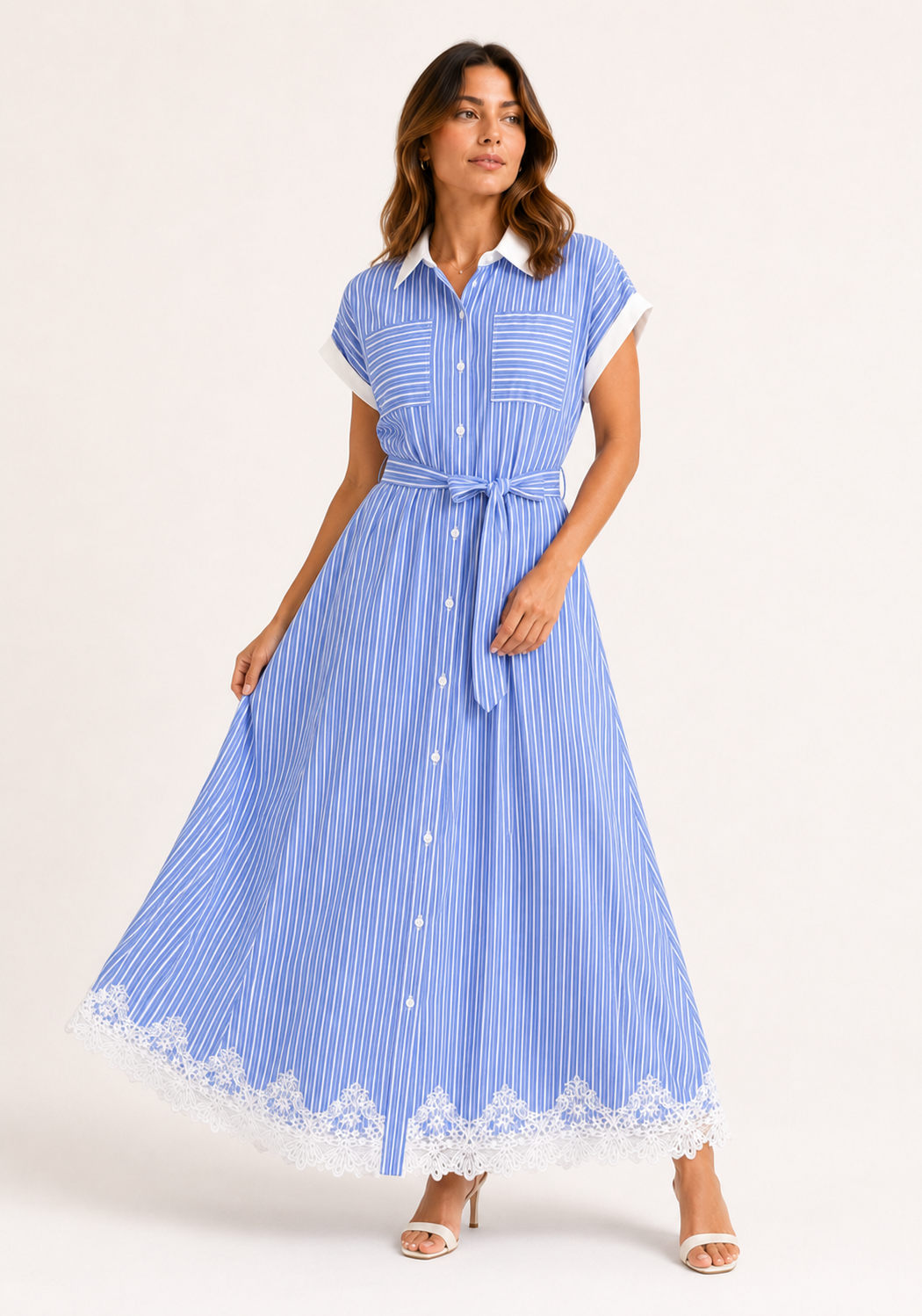 Vestido Camisero Largo Celeste a Rayas